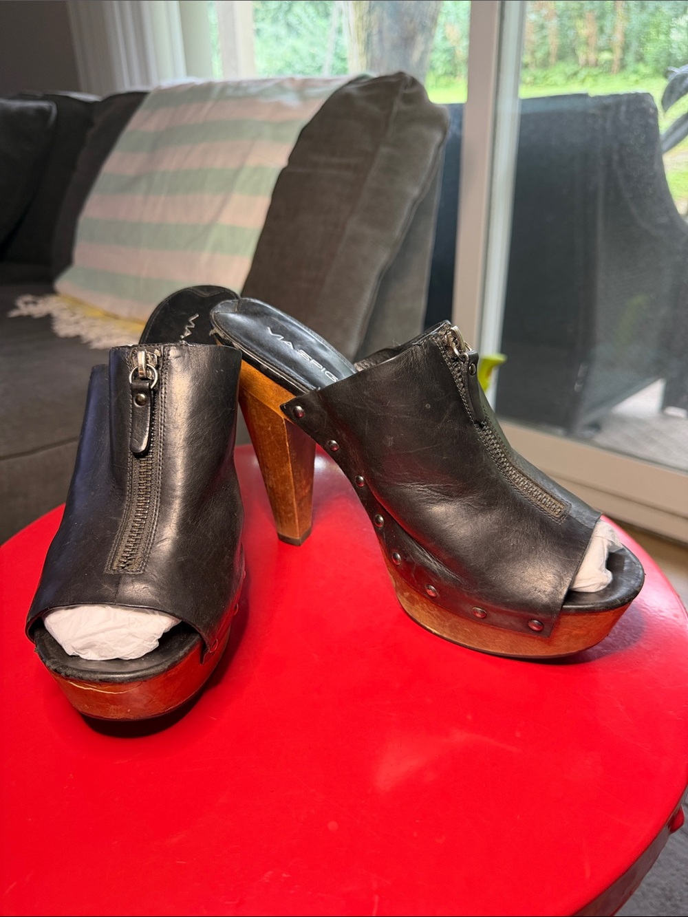 Via Spiga Black Leather Zip Peep-Toe Clog Heels